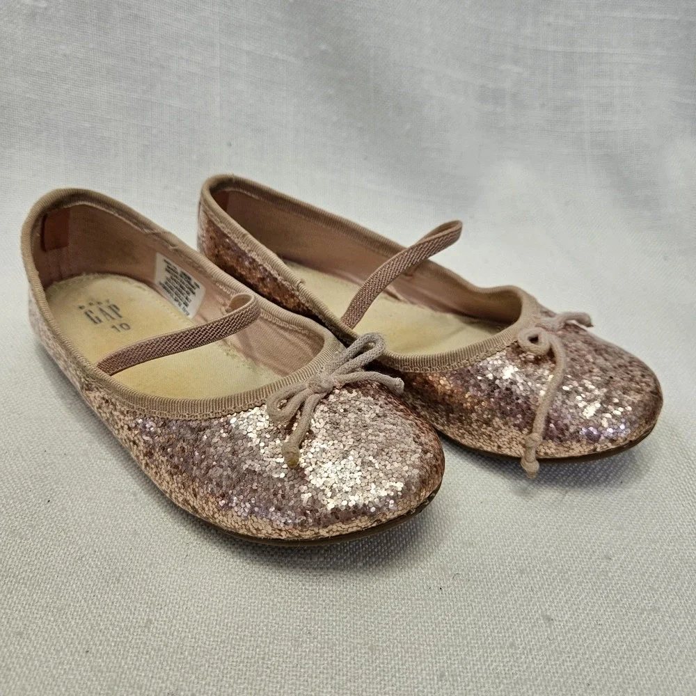 Gap Ballet Flats Girls Size‎ 10 Rose Gold Glitter Bow Elastic Strap Dressy Shoes